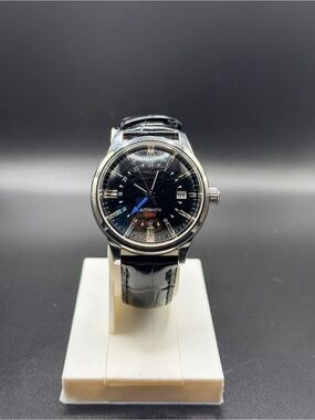 Custom Automatic GMT Watch Black Wave Dial NH34 Movement Sapphire Leather